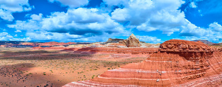 Aerial Canyon Point Sandstone Formations and Desert Plains Panoramaの写真素材