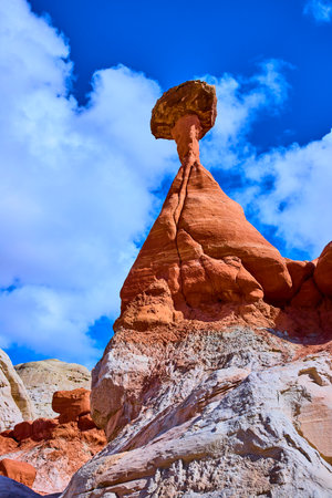 Toadstool Hoodoo Rock Formation in Southern Utah Under Blue Sky Low Angleの写真素材