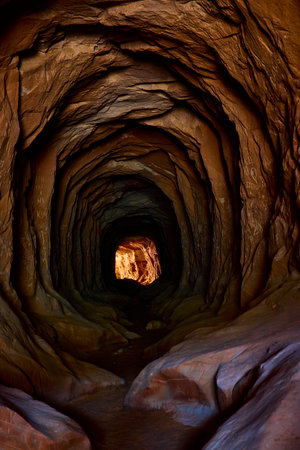 Rugged Red Rock Tunnel Cave Interior with Sunlit Exit and Natural Striationsの写真素材
