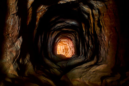 Hand Carved Rock Tunnel Interior with Sunlit Exit and Textured Wallsの写真素材