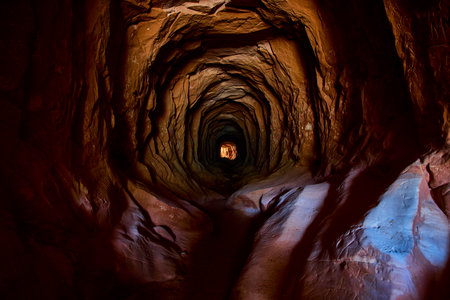 Rocky Tunnel Interior with Graffiti and Sunlight Shaft Belly of the Dragon Kanabの写真素材