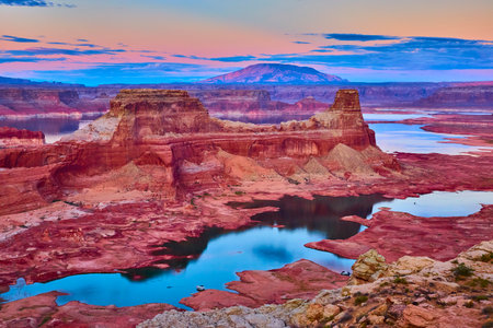 Lake Powell Mesas and Buttes Reflected at Sunrise Alstrom Point Panoramicの写真素材