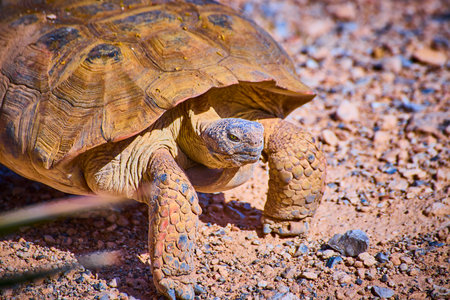 Desert Tortoise Walking on Rocky Ground in Sunlit Nevada Habitat