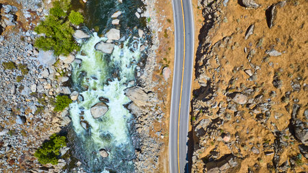 Aerial Kern River Cascades Winding Road and Rocky Landscape Top Down