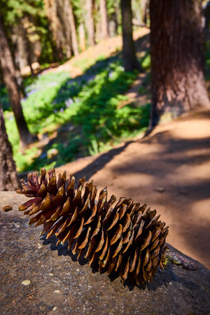 Pinecone on Stone with Sunlit Forest Floor and Tree Trunks in Natural Woodland