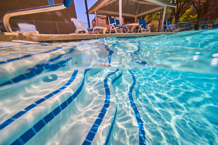 Underwater Pool Steps Sunlit Water and Neighborhood Patio Seating