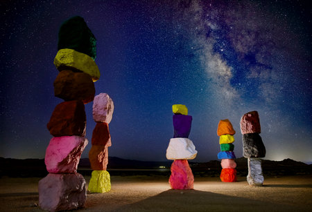 Seven Magic Mountains Colorful Rock Stacks Under Starry Night Sky Nevada