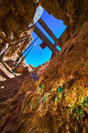 Abandoned Mine Shaft Interior With Green Crystals And Supports Goodspring Nevada