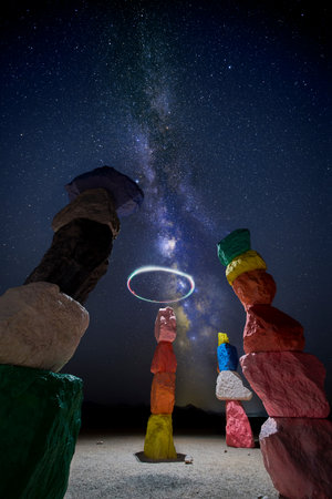 Seven Magic Mountains Milky Way Night Sky and Drone Light Painting Nevadaの写真素材