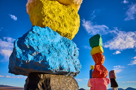 Colorful Rock Cairn Stacks at Seven Magic Mountains Under Blue Sky Nevadaの写真素材