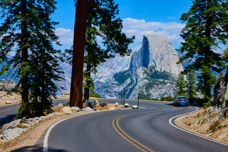 Winding Mountain Road with Pine Trees and Half Dome in Summer Yosemite National Parkの写真素材