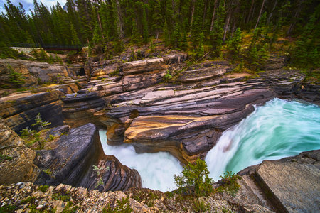 Mistaya Canyon Waterfall and River Flowing Through Rocky Gorge in Forested Landscapeの写真素材