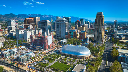 Aerial Salt Lake City Tabernacle Downtown Skyline With Wasatch Mountains