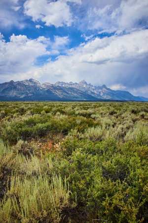 Teton Mountain Range Wyoming with Sagebrush Plains and Dramatic Summer Skyの写真素材