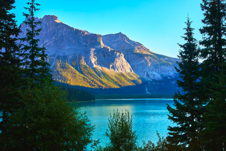 Emerald Lake Tranquil Water and Majestic Mountain Landscape with Evergreen Forestの写真素材