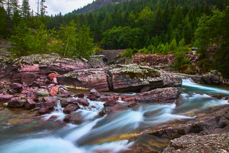 Red Rock River Cascades and Lush Forest in Montana Wildernessの写真素材