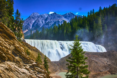 Waterfall Rushing Water and Pine Trees with Majestic Mountain Backdropの写真素材