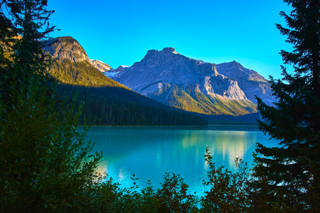 Turquoise Water and Majestic Mountain Peaks Framed by Evergreen Forest