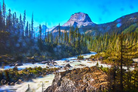 Majestic Mountain River Flowing Through Evergreen Forest Under Clear Blue Skyの写真素材