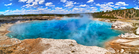 Panorama Grand Prismatic Hot Spring Geothermal Pool and Forest Yellowstoneの写真素材