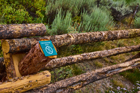 Restoration Area Sign on Rustic Wooden Fence with Native Vegetationの写真素材