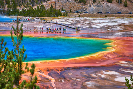 Grand Prismatic Spring Geothermal Hot Spring and Tourists Yellowstone Wyomingの写真素材