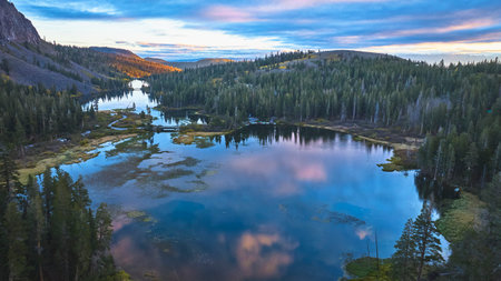 Aerial Mountain Lake Sunrise Reflection and Forest in Mammoth California