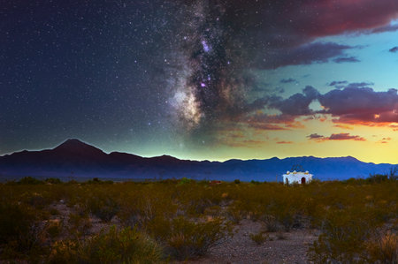 Milky Way Over Desert Temple And Mountains At Dusk Spirituality In Nevada Landscapeの写真素材