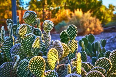 Prickly Pear Cactus Cluster in Sunlit Desert Garden Nevada