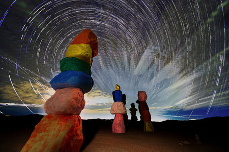 Seven Magic Mountains Nevada Night Colorful Rock Sculptures and Dramatic Star Trailsの写真素材