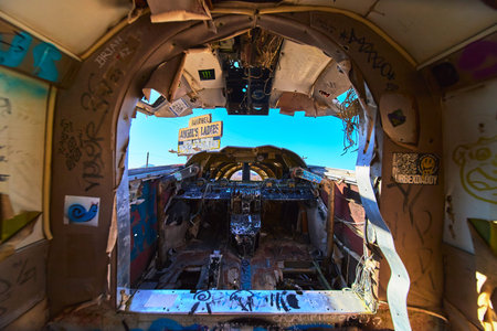 Abandoned Airplane Cockpit Urban Graffiti and Desert Sign in Nevada
