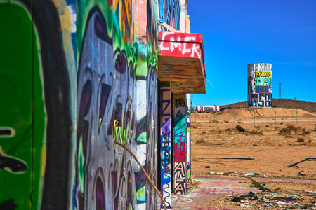 Graffiti Covered Abandoned Water Park Building and Desert Tank in California