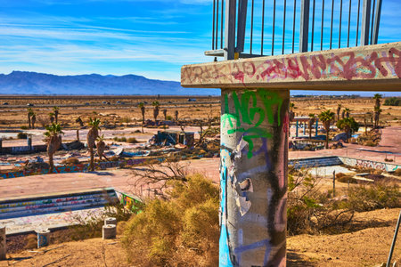 Graffiti Covered Pillar and Abandoned Water Park Pools in Sunlit California Desertの写真素材
