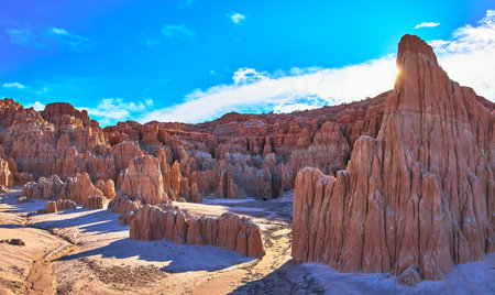 Cathedral Gorge State Park Panoramic Sandstone Formations Under Bright Blue Sky