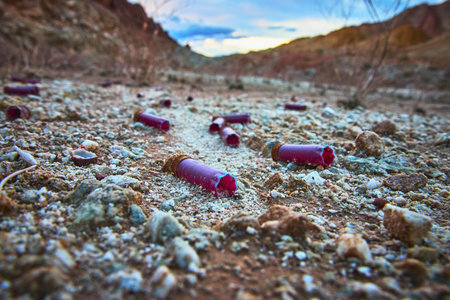 Bullet Shells and Rocky Ground at Abandoned Shooting Range in Nevada Desert