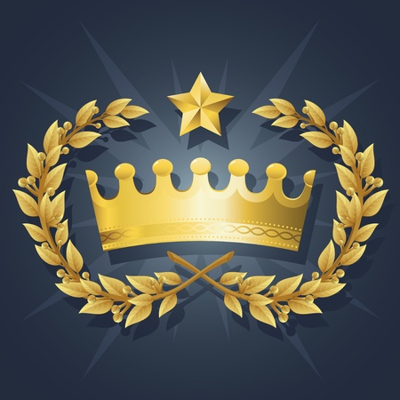 Illustration of Gold King Crown with Quality Laurel Wreath and Champion Star. Representations include: Power, Success, Victory, Quality, First Place, 1st, Best, Winner, MVP, honor.のイラスト素材