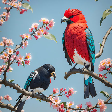 Red-crested parrot and red-crested parrot on sakura tree.の素材