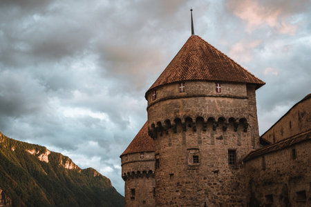 Chillon Castle on Lake Geneva during sunsetのeditorial素材
