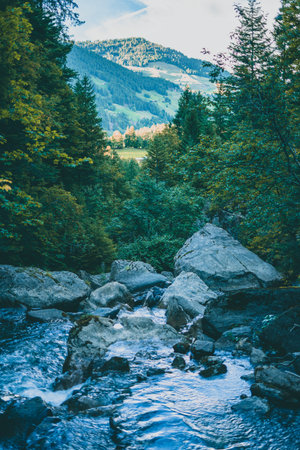 Spectacular lake in the Alps during autumnの写真素材