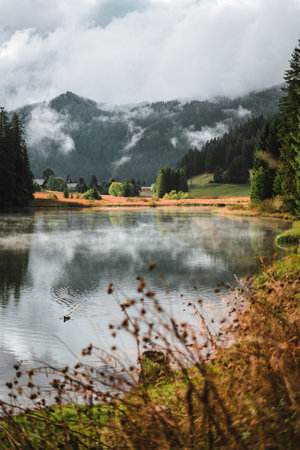 Lac de Morgins in winter with mountains covered in snow, Pas de Morginsの写真素材