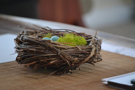 A decorative robin nest with eggsの写真素材