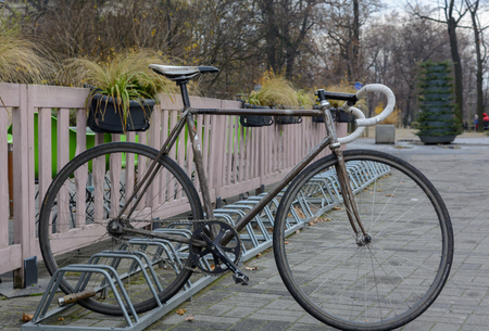 bike in the Park near the fence with flowersのeditorial素材