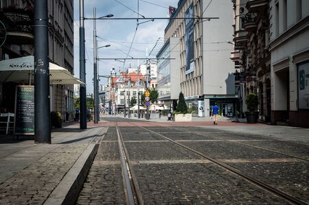 Wroclaw, Poland, September 10, 2017: the old part of the city, tram, shops, sunny day