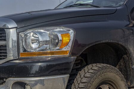 front of the SUV, wheel, suspension, car wing close upの写真素材