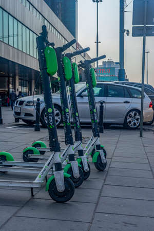 Warszawa, Poland, 25.04.2019: parking of rental electric scooters in the center of the cityのeditorial素材