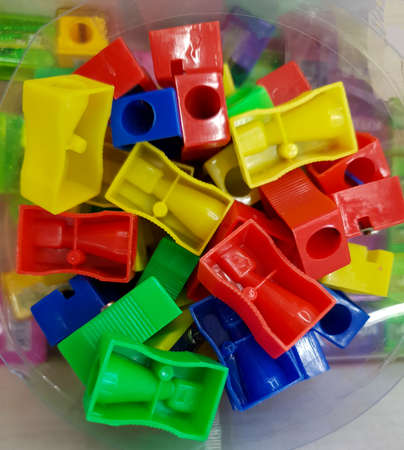 multi-colored pencil sharpeners at the store saleの写真素材