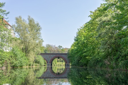 Bridge and the reflections of it in Leipzigの写真素材