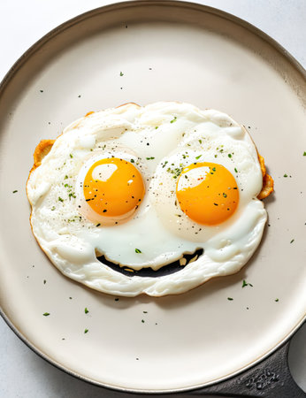 Fried eggs in the form of a smile in a frying panの素材