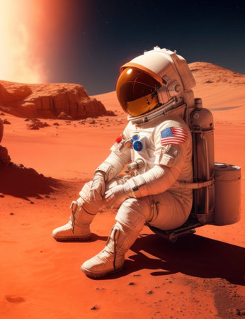 American astronaut sitting on the surface of Mars. An astranaut in a spacesuit with a closed helmet looks to the side.の素材