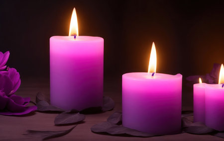 Purple burning candles standing on a table against a black background. Leaves and flower petals are scattered around.の素材